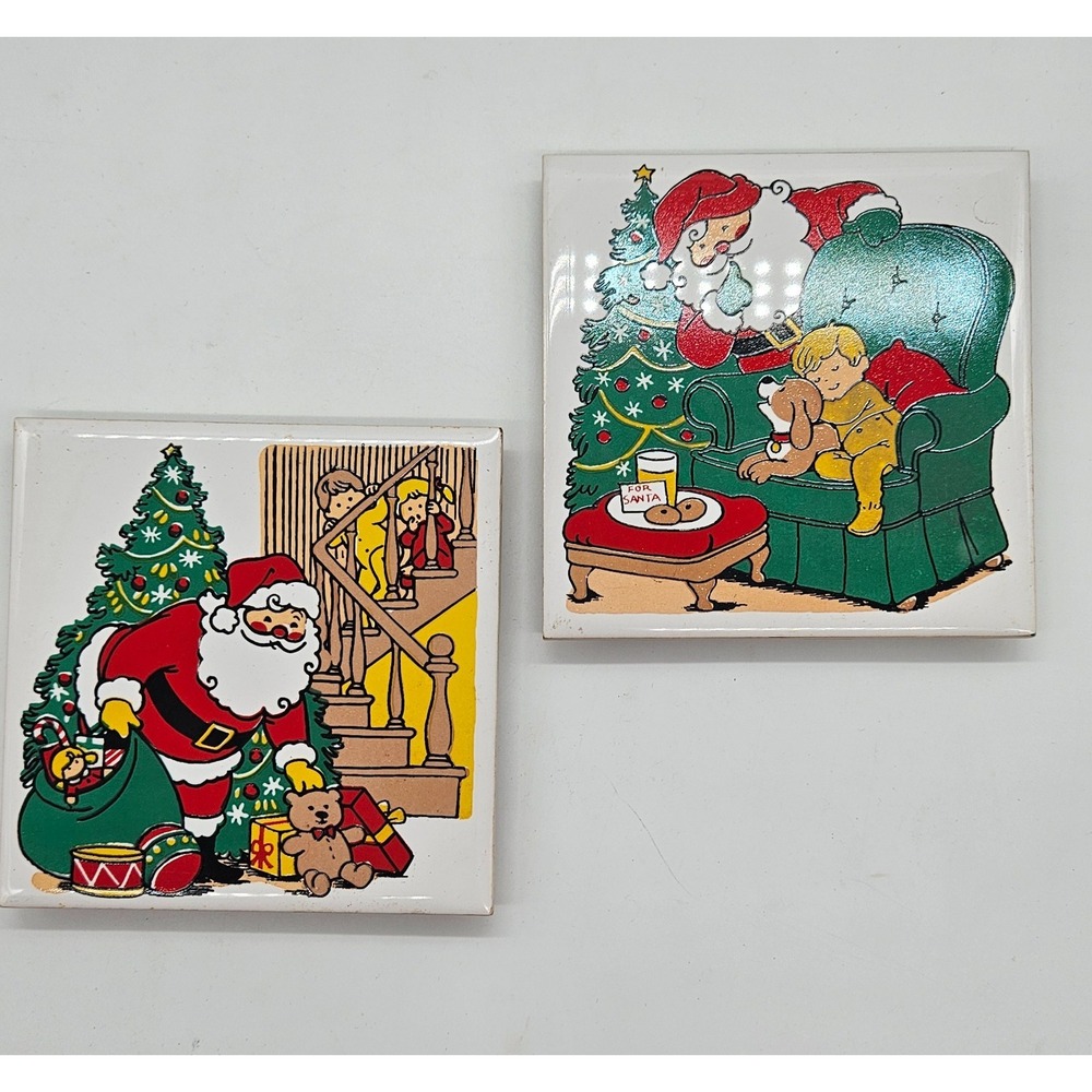 Vintage 1982 JSNY Christmas Ceramic Tiles Set of 2 Santa Claus Scenes Taiwan